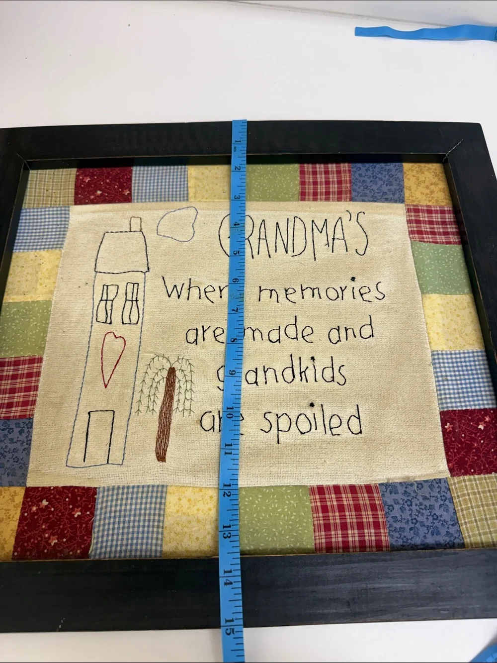 Source Unknown Framed Grandma Quilt Art - Navy, Red, Yellow, Green, Blue